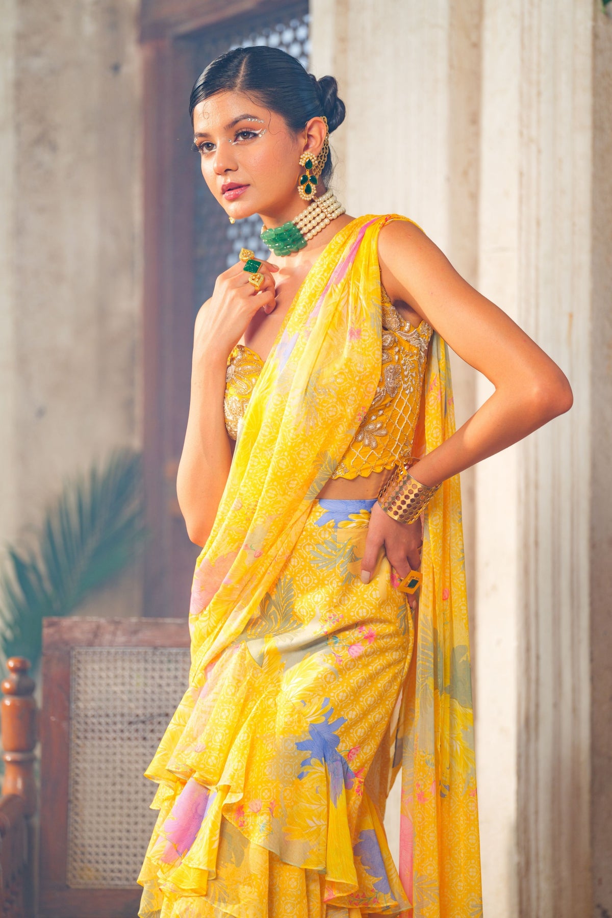 Genda Pre-draped Saree Set