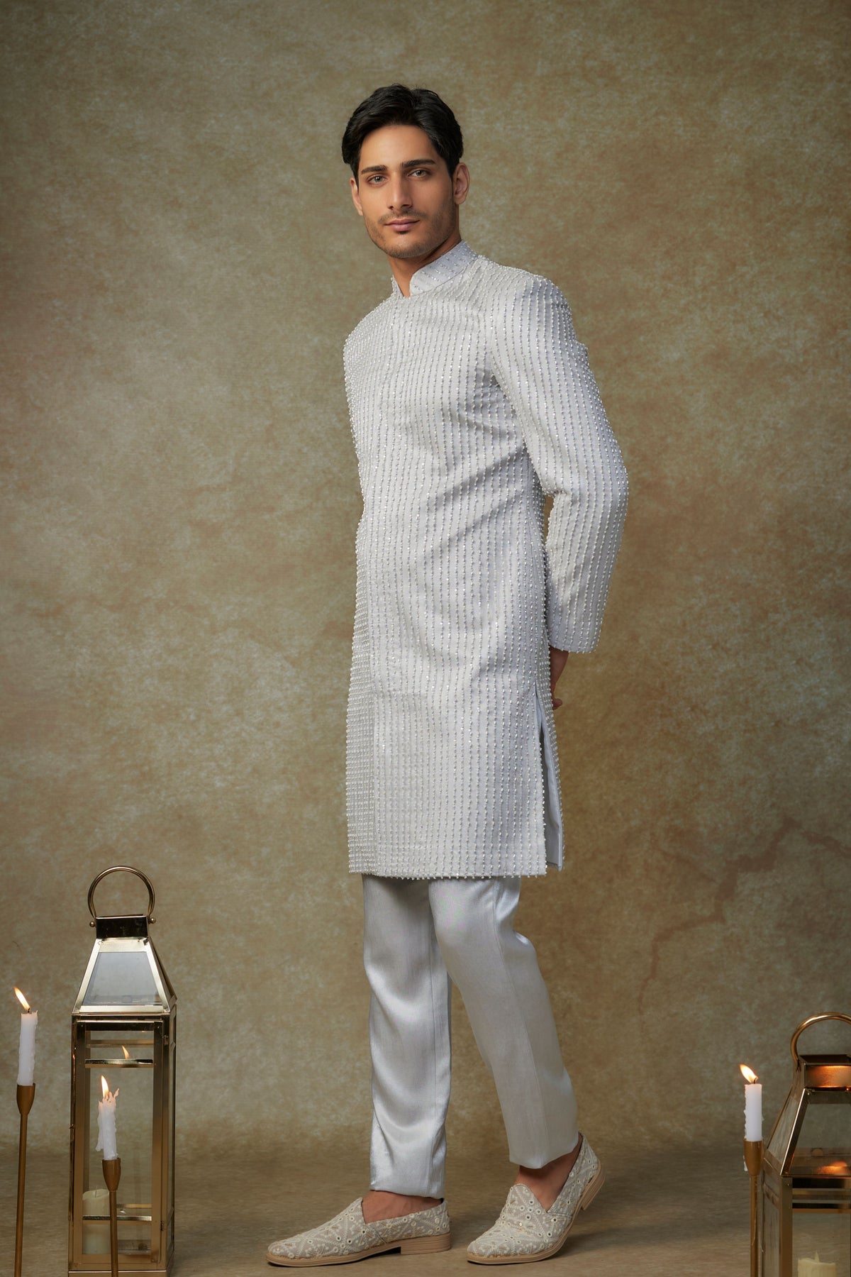 Grey Embroidered Sherwani Set