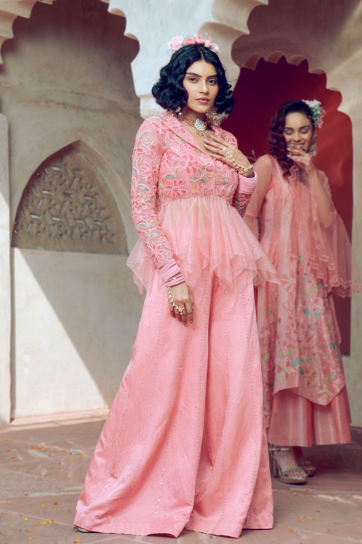 Peach Embroidered Sharara Set