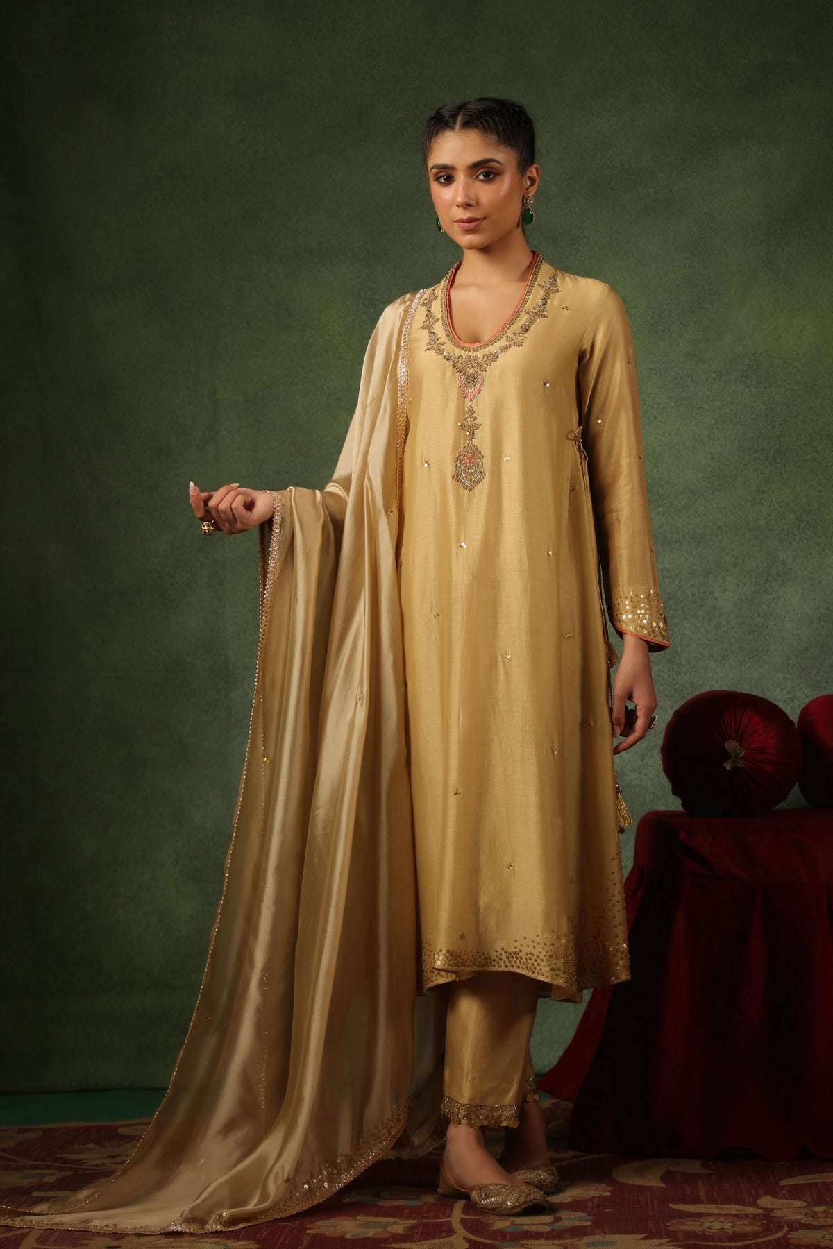 Beige Paan Buta Kurta Set