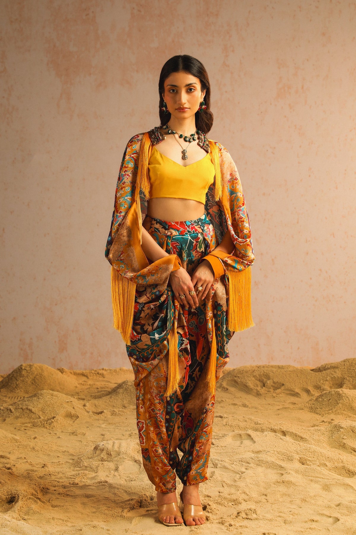 Yellow Cape Set With Harem Pants