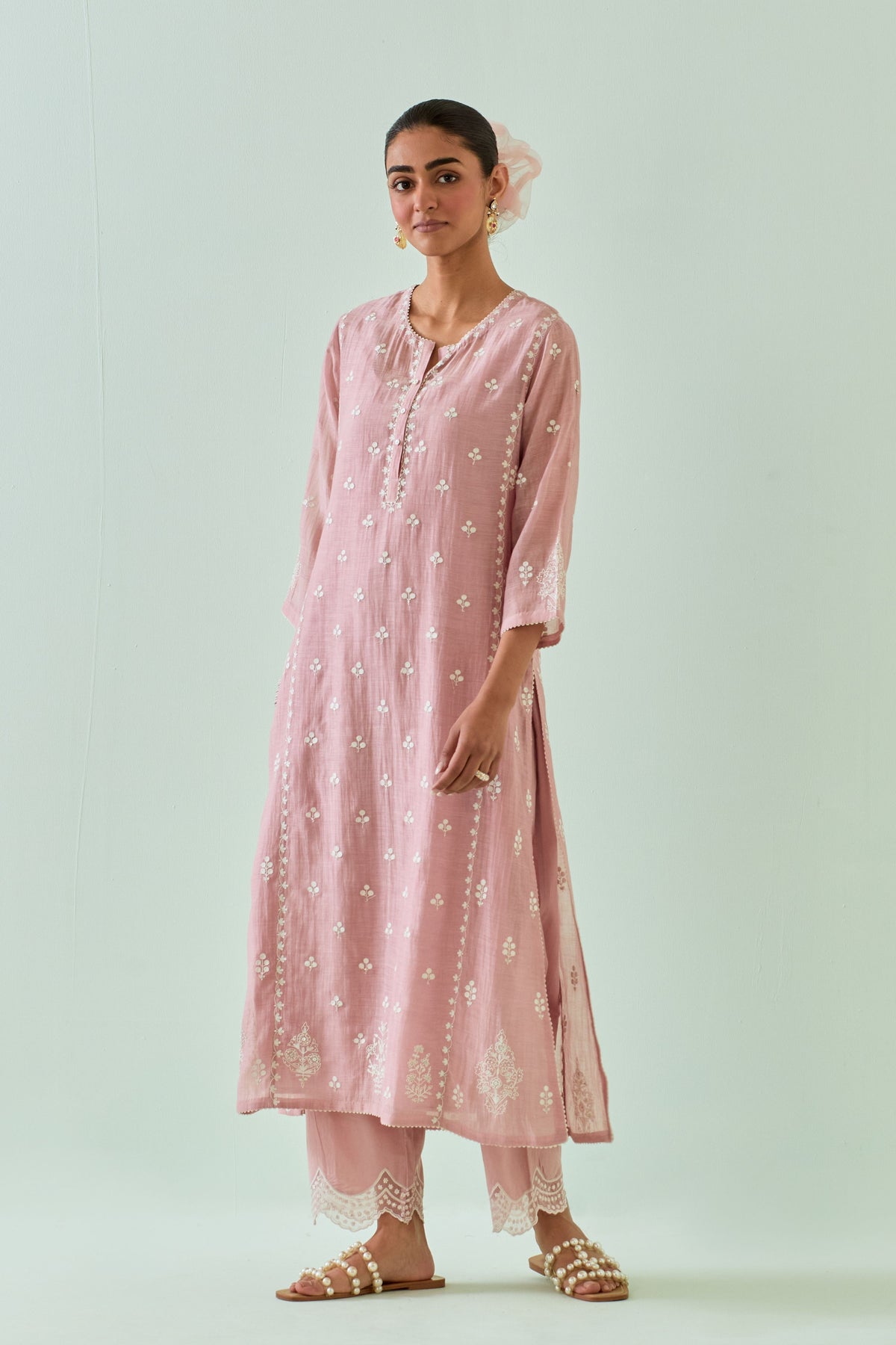 Pink Scalloped Straight Kurta Set