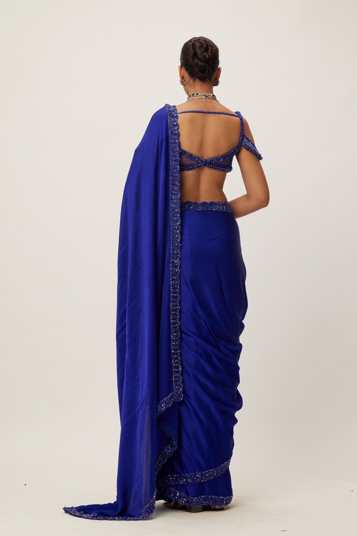 Cocktail Blue Satin Saree Set