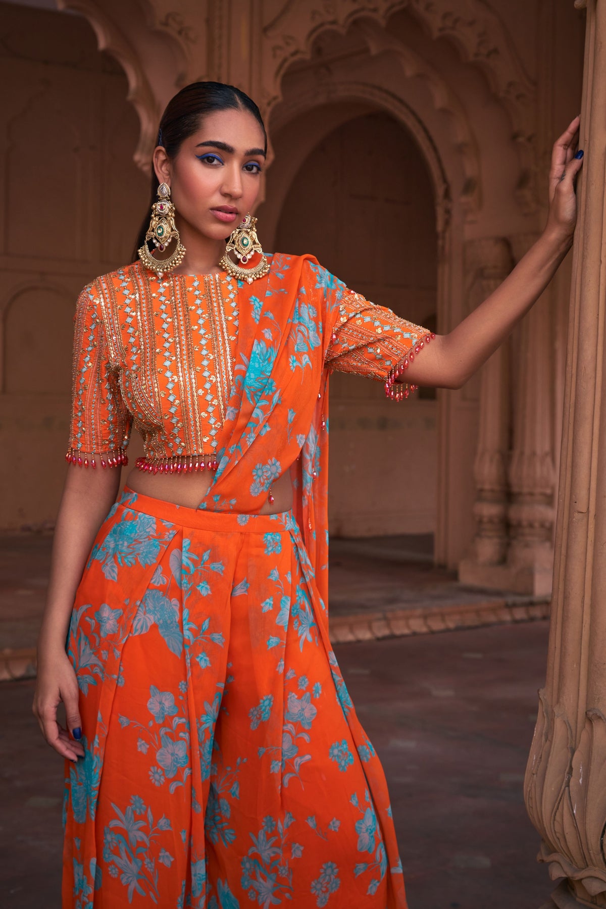 Tangerine Stripe Draped Saree Set