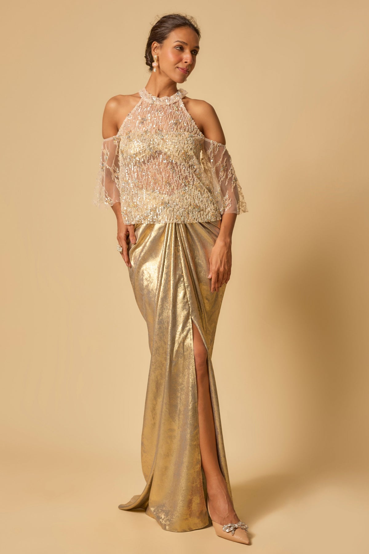 Gold Metallic Embroidered cape set