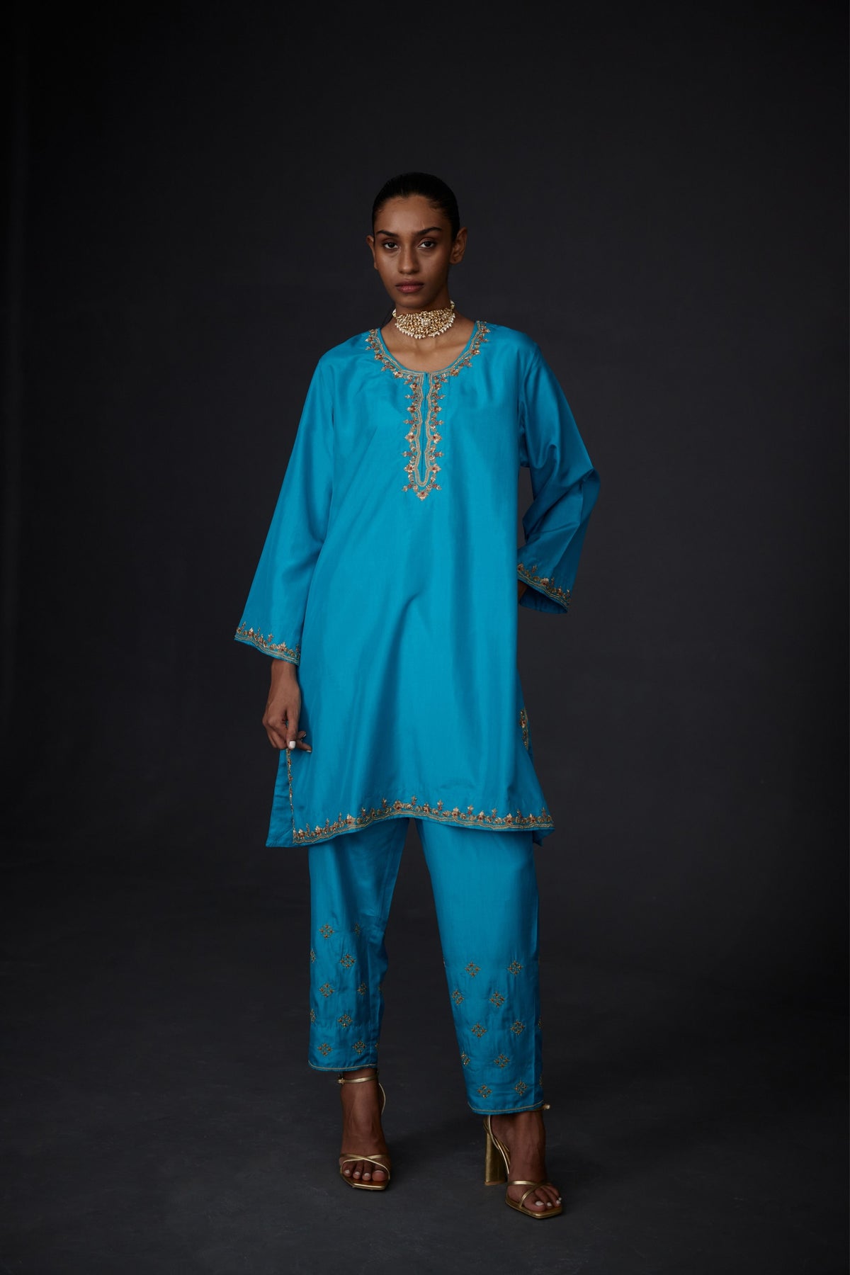 Turquoise Embroidered Tunic With Trouser