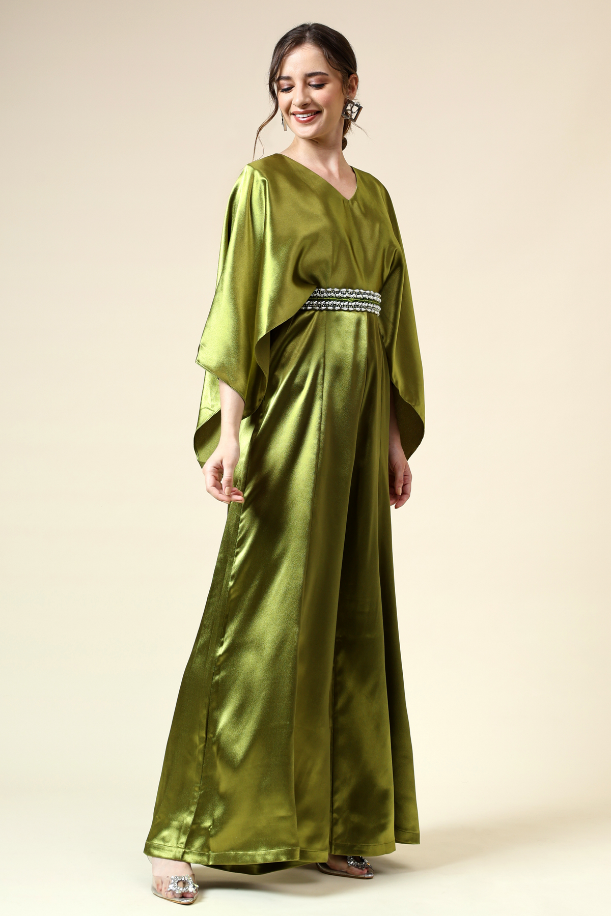 Metallic Green Jumpsuit With Crystallised Belt