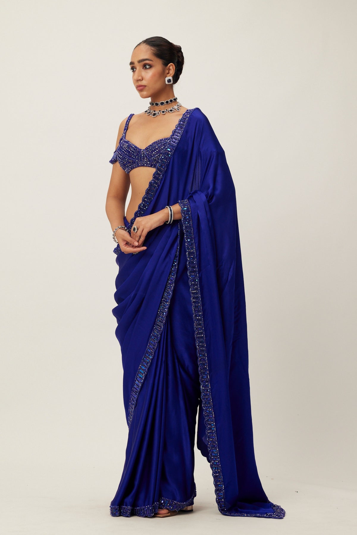 Cocktail Blue Satin Saree Set