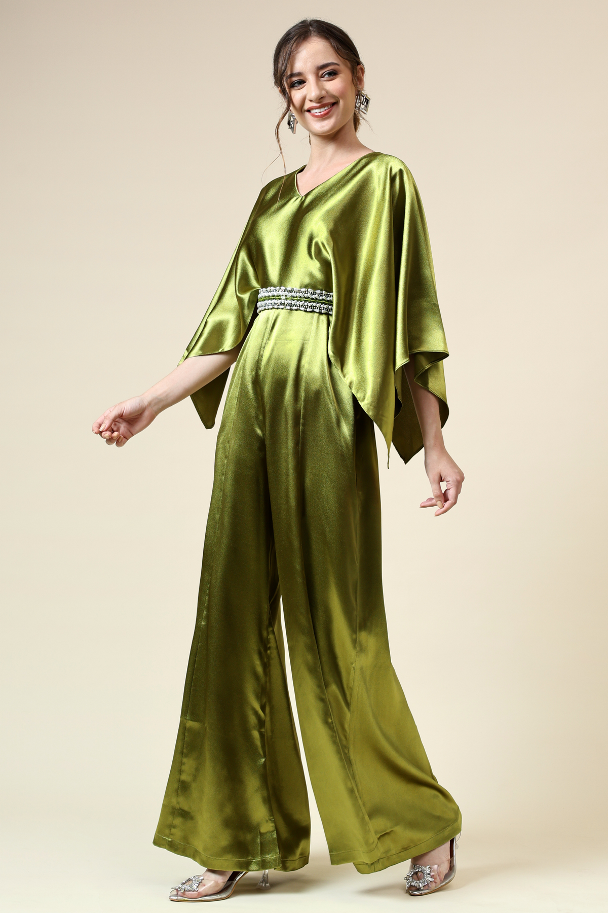 Metallic Green Jumpsuit With Crystallised Belt