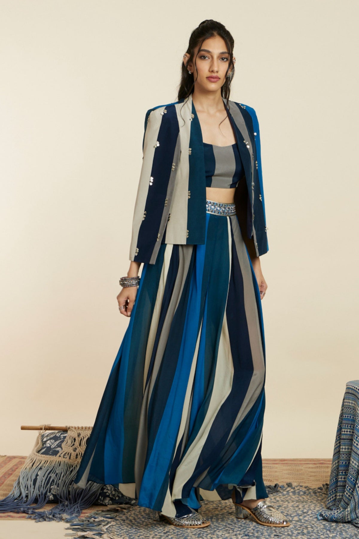 Blue Stripe Print Noor Jacket Set