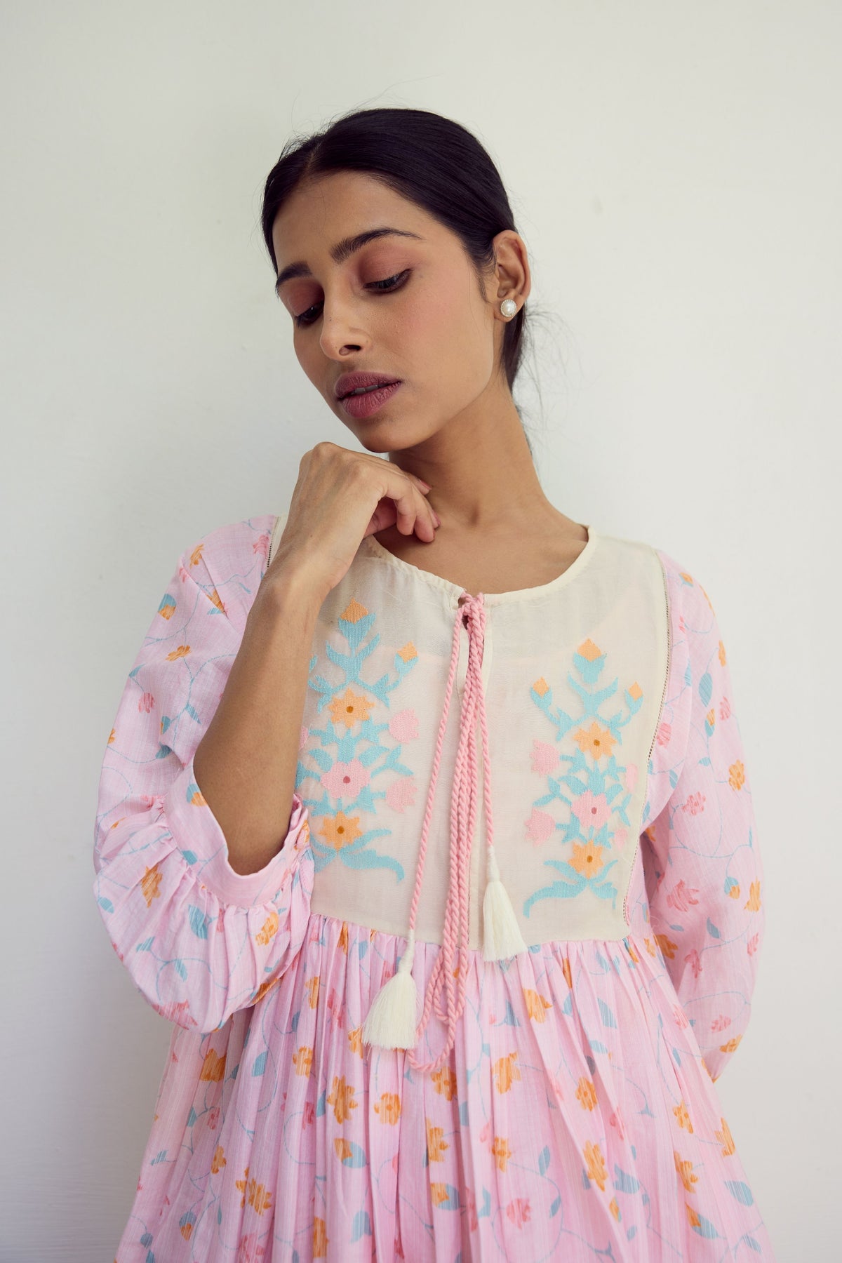 Pink Floral Chanderi Dress