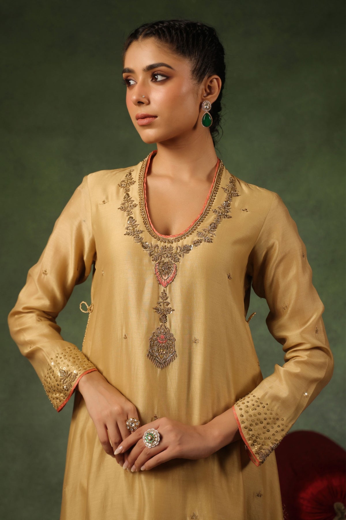 Beige Paan Buta Kurta Set