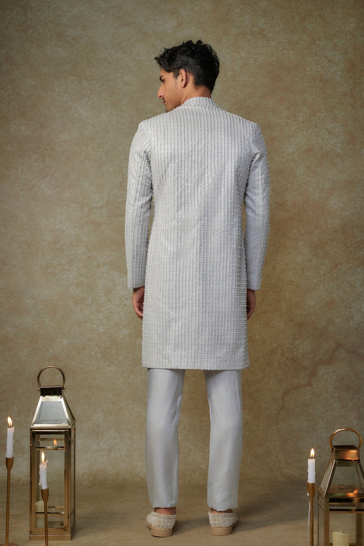 Grey Embroidered Sherwani Set