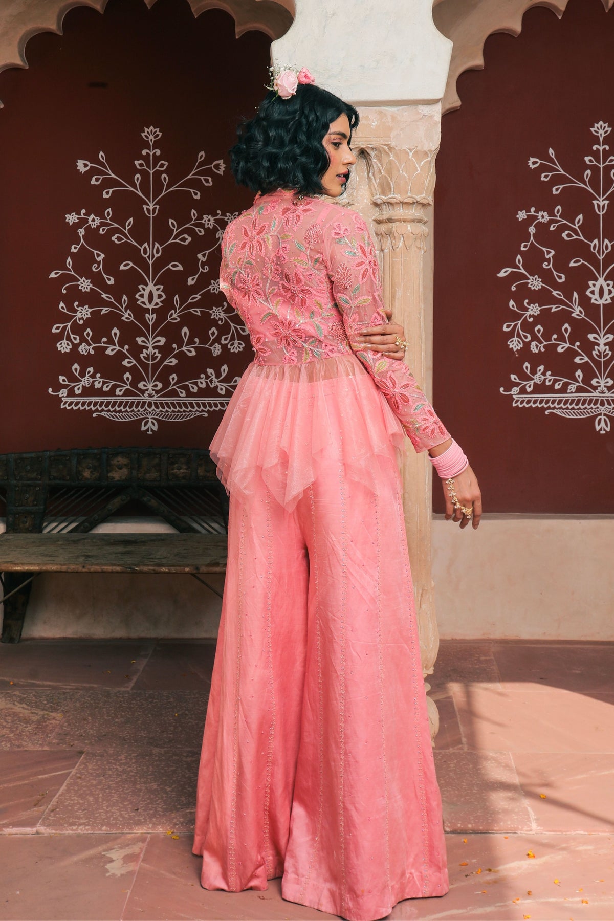 Peach Embroidered Sharara Set