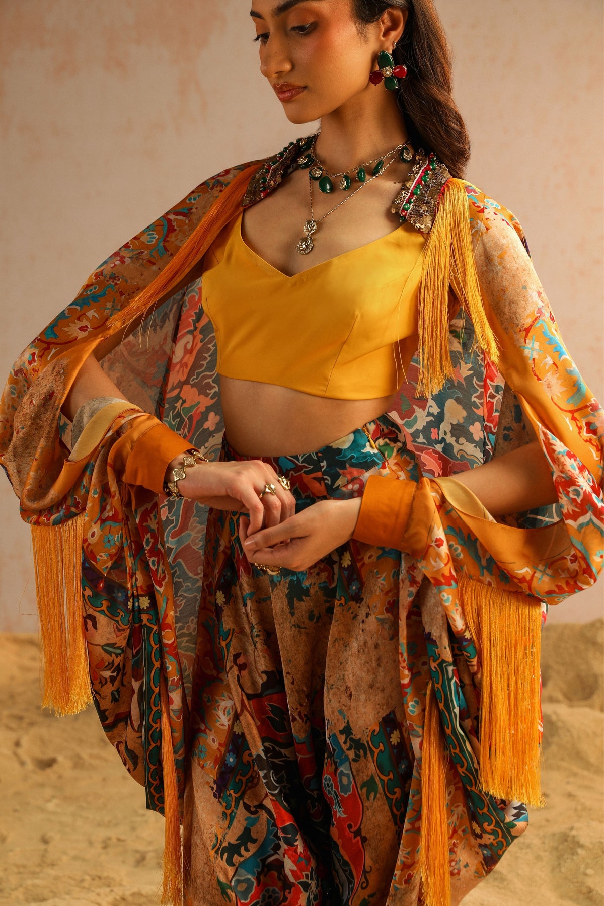 Yellow Cape Set With Harem Pants