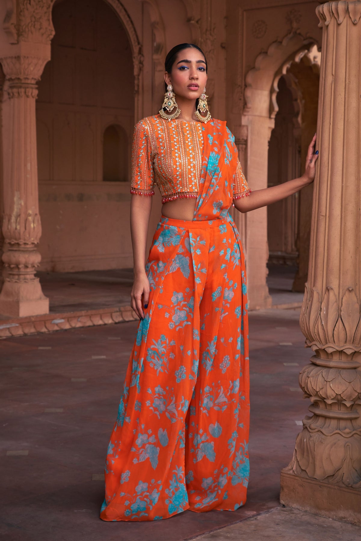 Tangerine Stripe Draped Saree Set