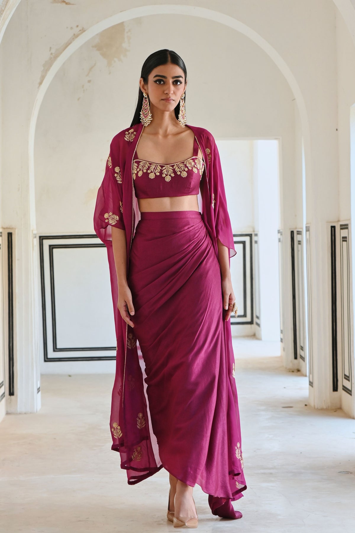 Magenta Embroidered Cowl Skirt Set