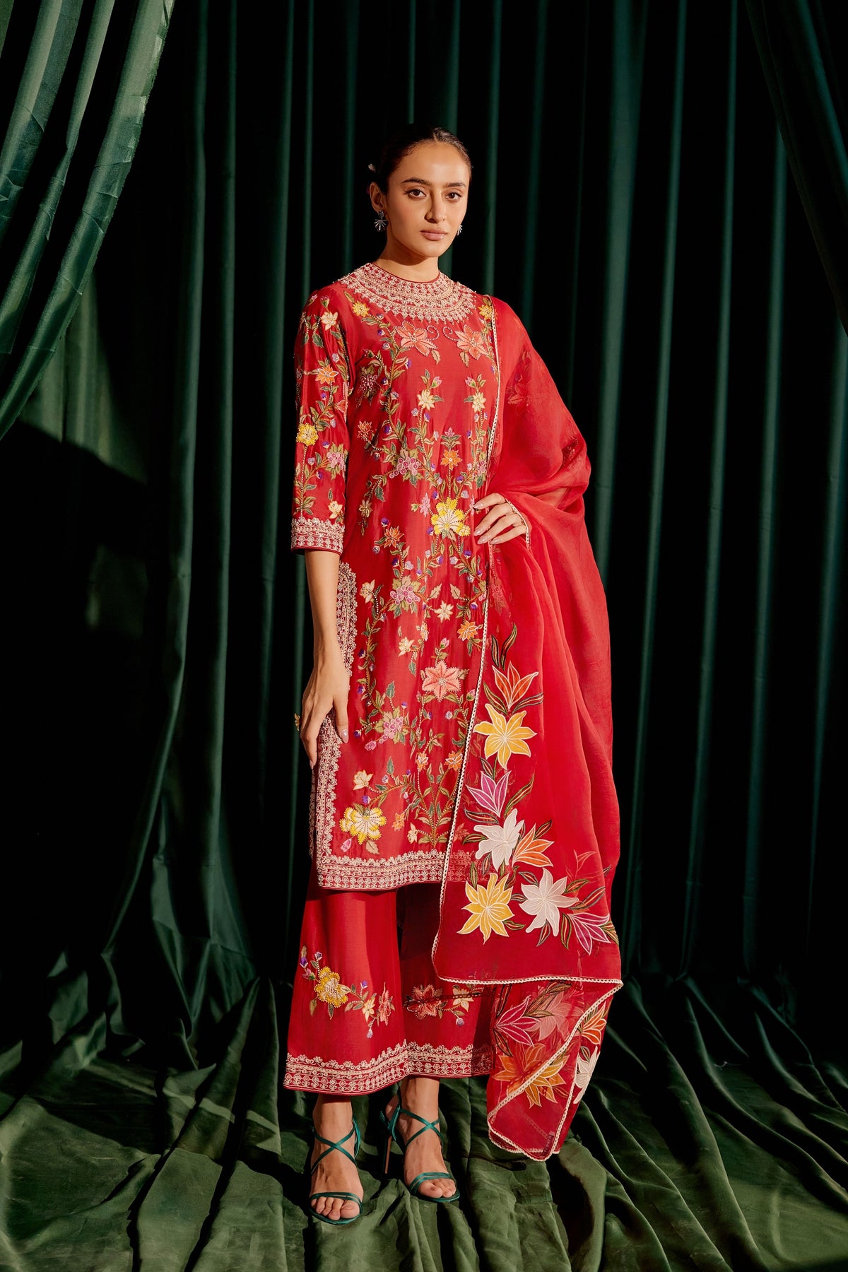 Red Floral Applique Dupatta