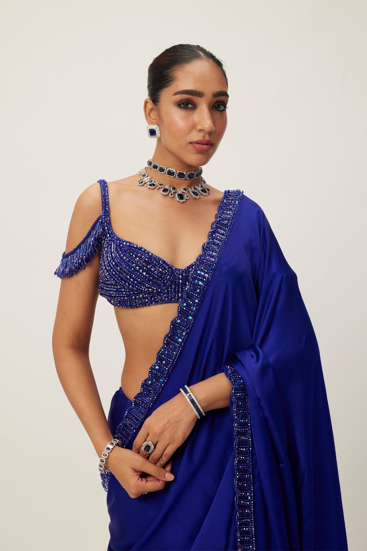 Cocktail Blue Satin Saree Set