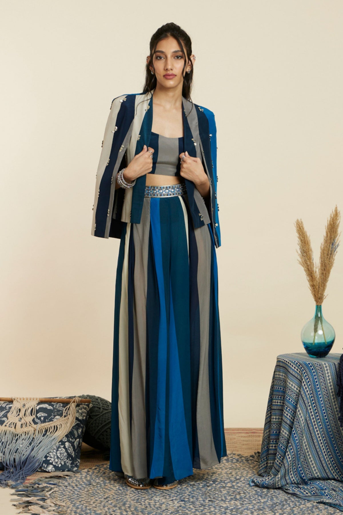 Blue Stripe Print Noor Jacket Set