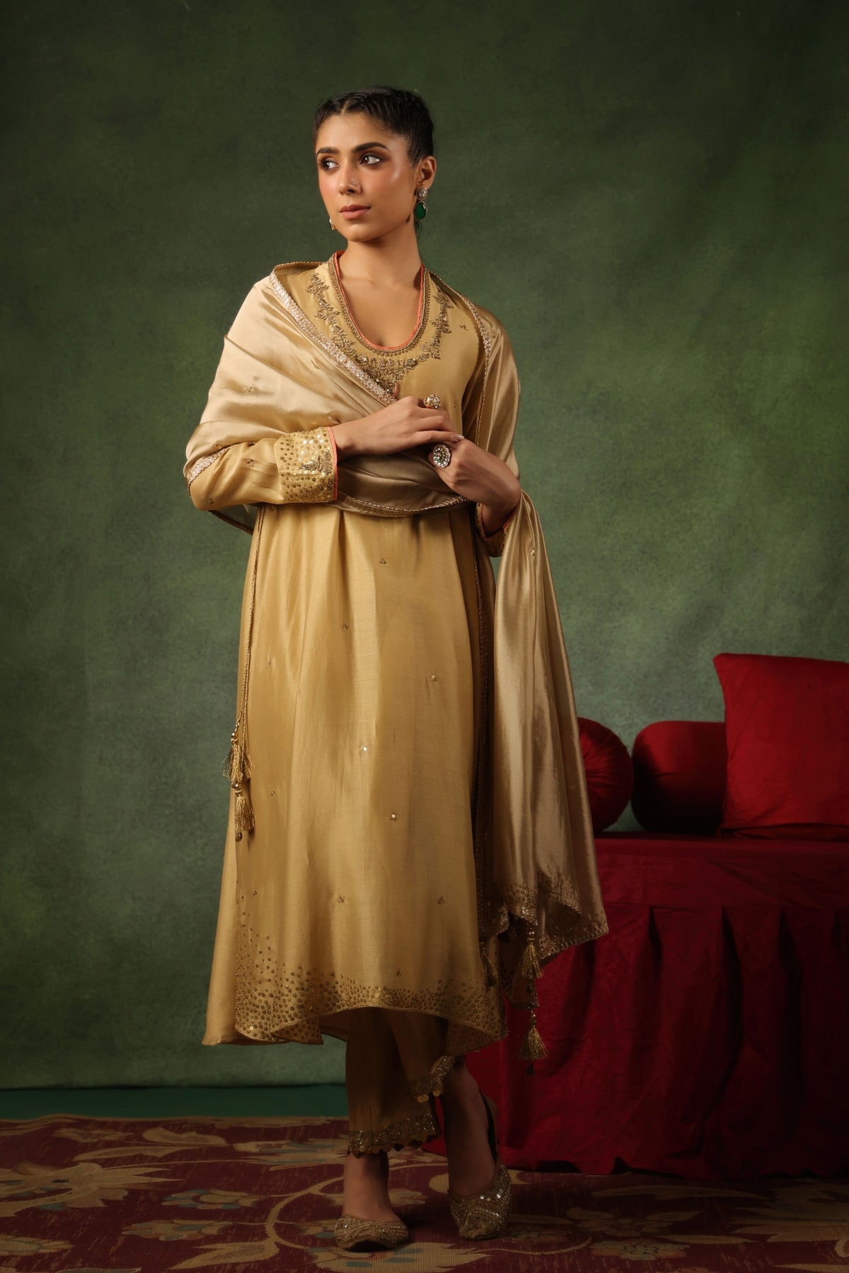 Beige Paan Buta Kurta Set