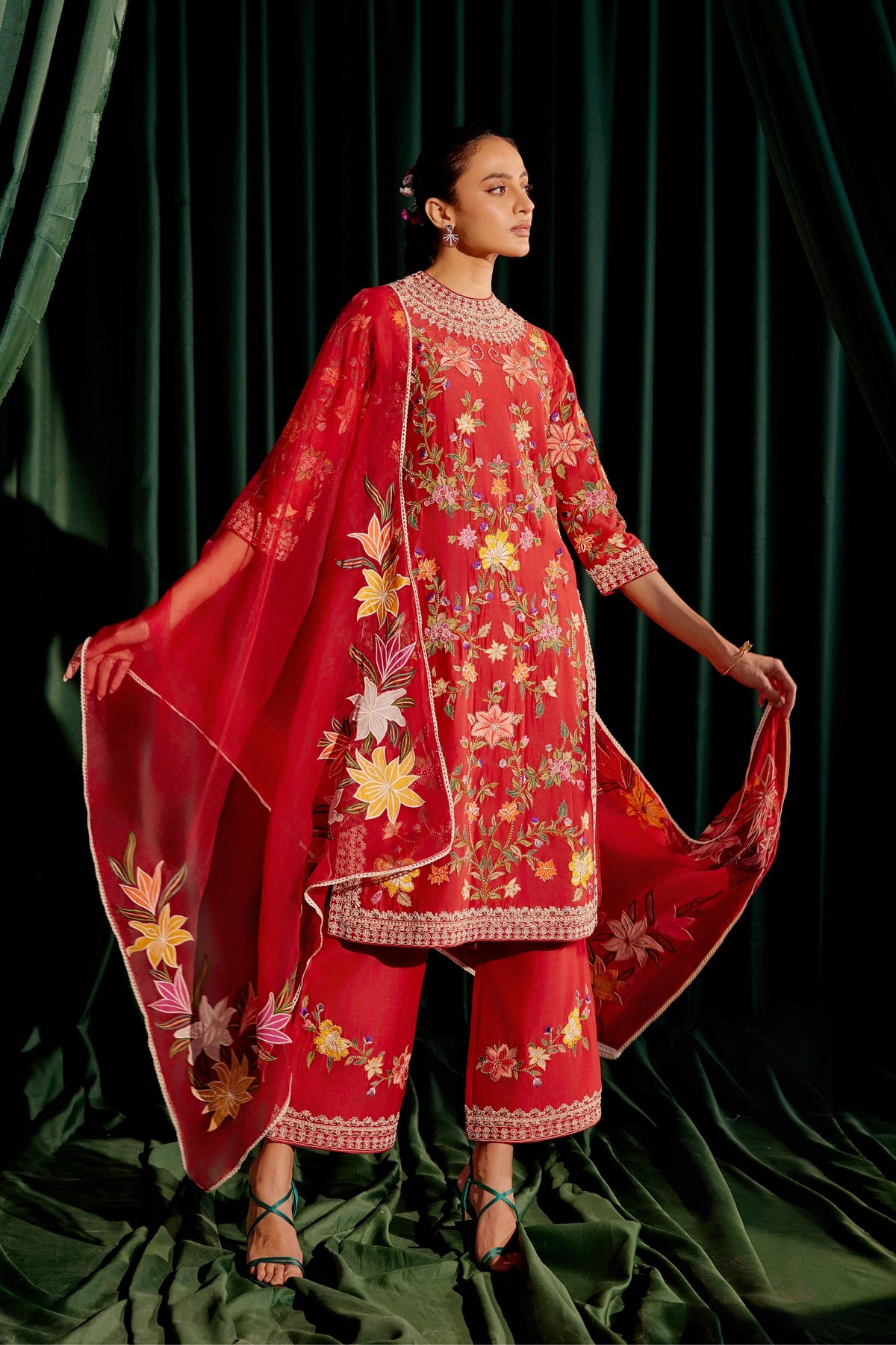 Red Floral Applique Dupatta