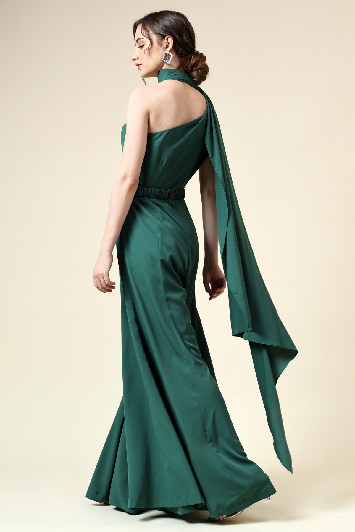 Bottle Green Draped Jumpsuit With Crystallised Belt