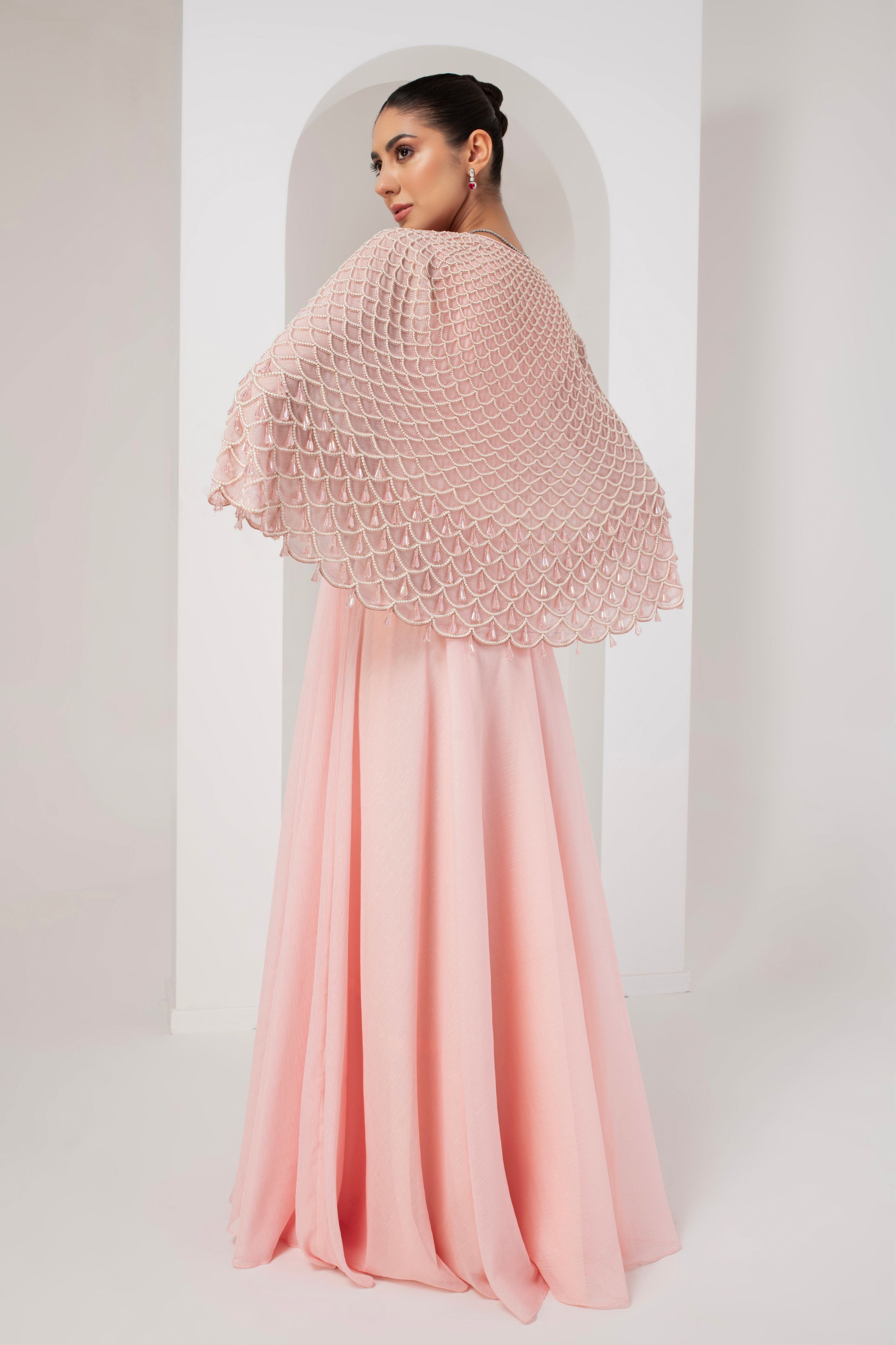 Akara Pastel Pink Dress With Embellished Cape Elahe