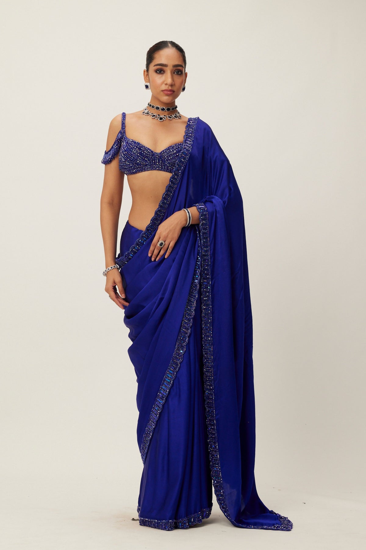 Cocktail Blue Satin Saree Set