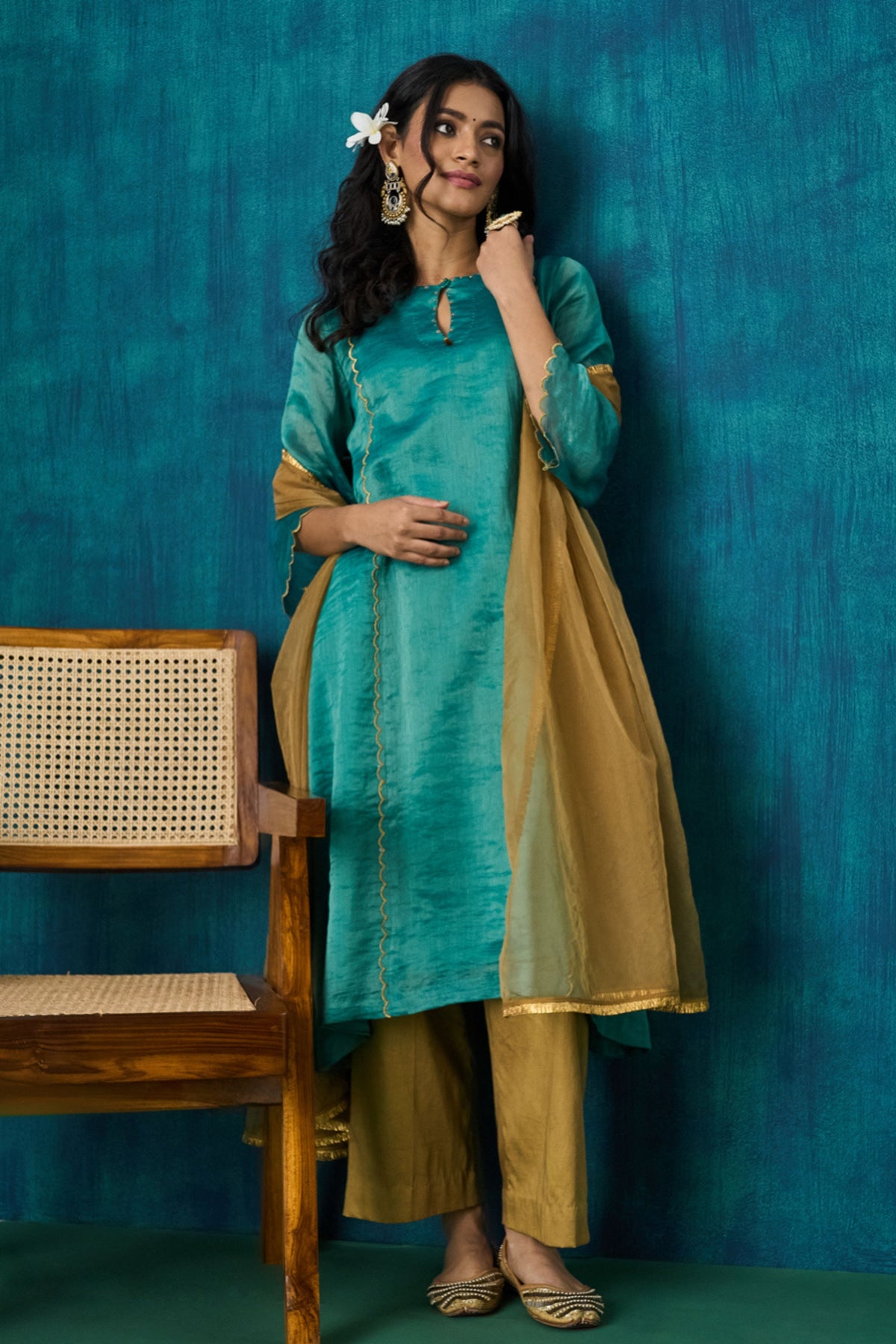 Teal Zari Stripe Kurta Sets