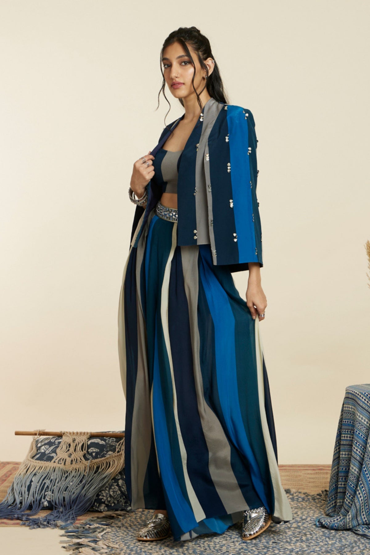 Blue Stripe Print Noor Jacket Set