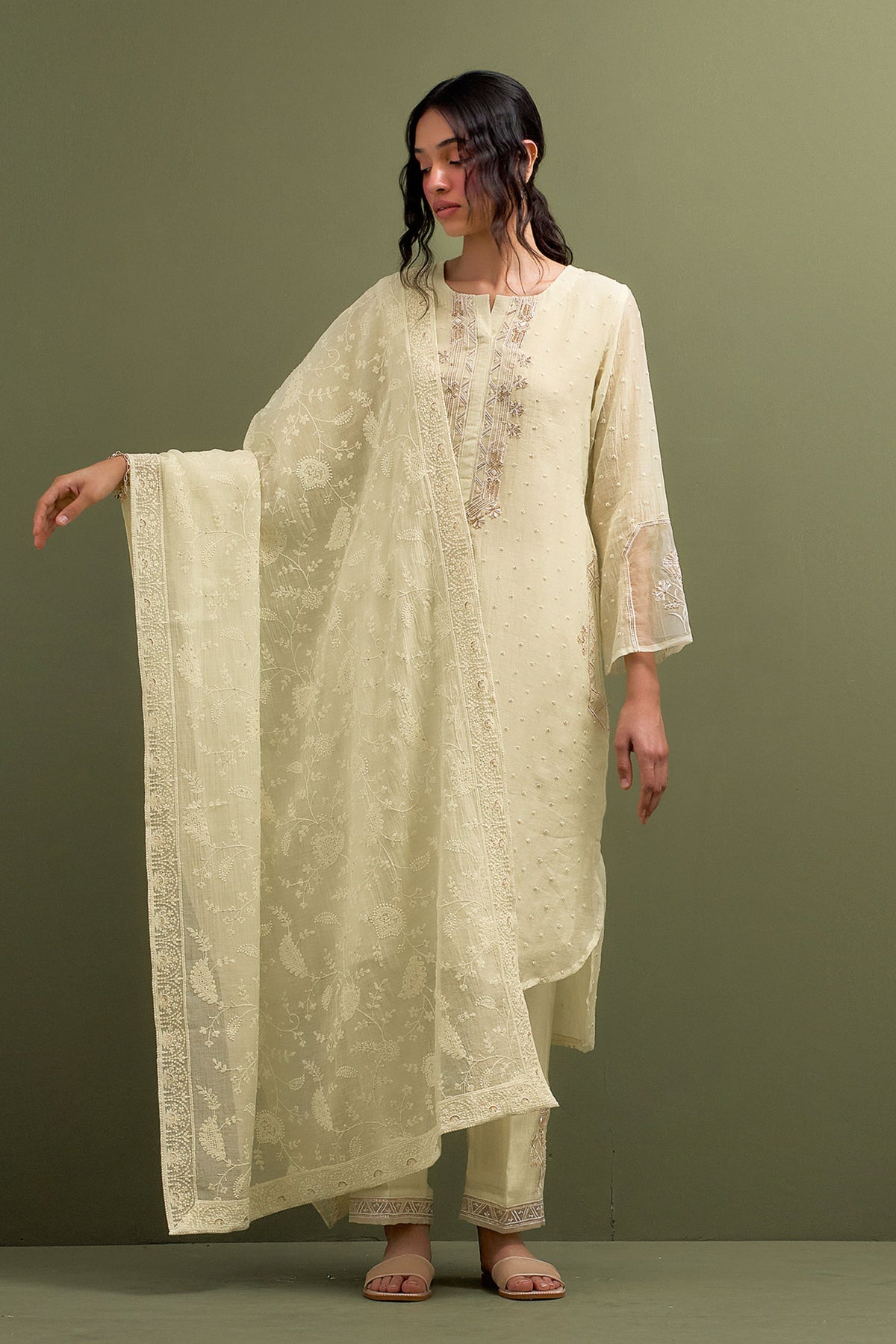 Yellow Embroidered High Low Kurta Set With Dupatta