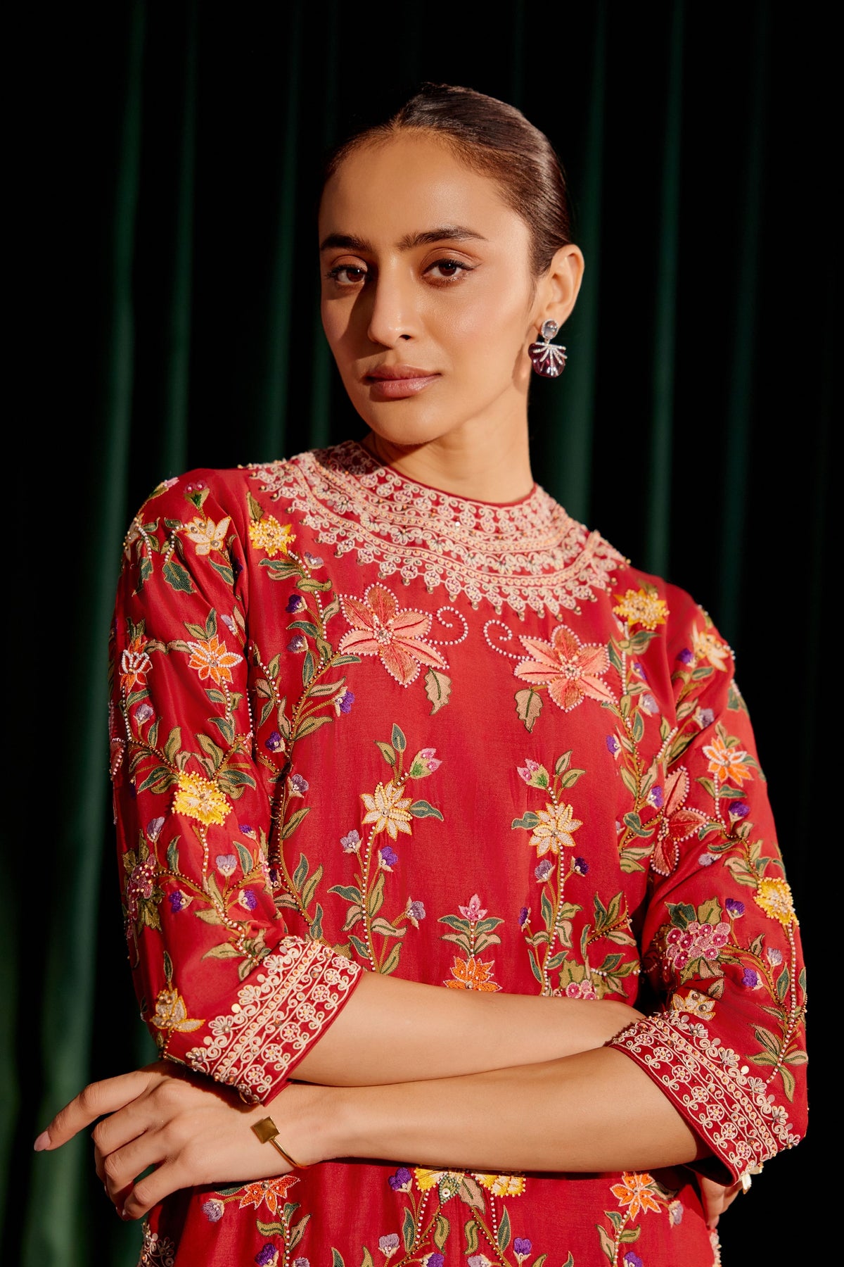 Red Multicolor Floral Embroidered Kurta Set