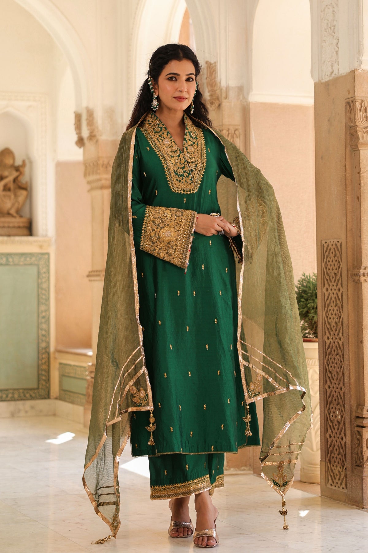 Emerald Green Collar Kurta Set