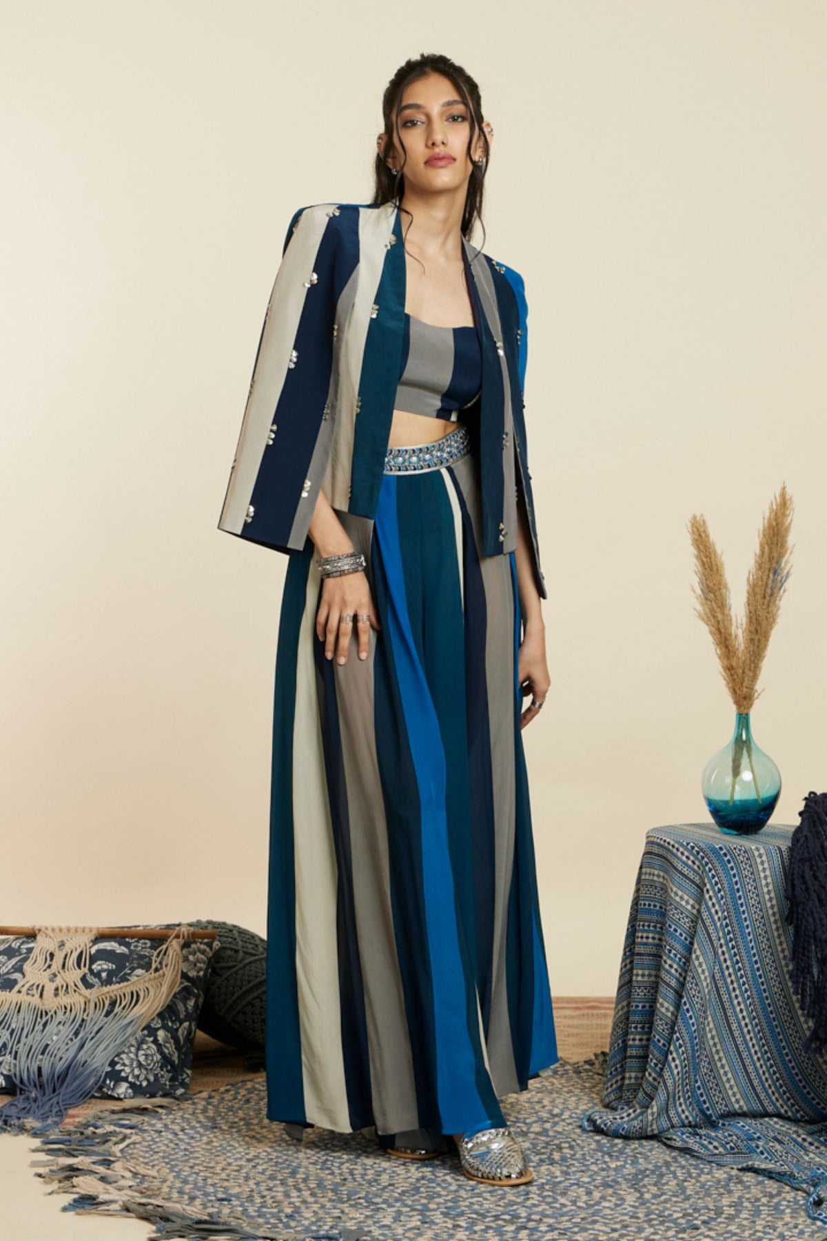 Blue Stripe Print Noor Jacket Set