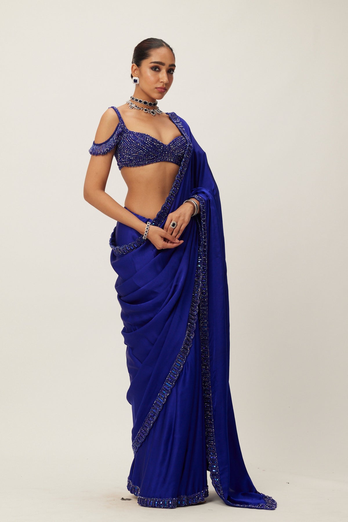 Cocktail Blue Satin Saree Set