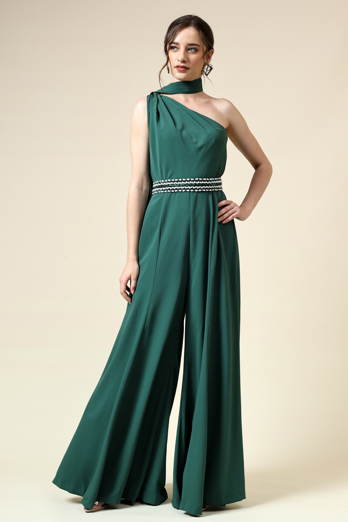 Bottle Green Draped Jumpsuit With Crystallised Belt