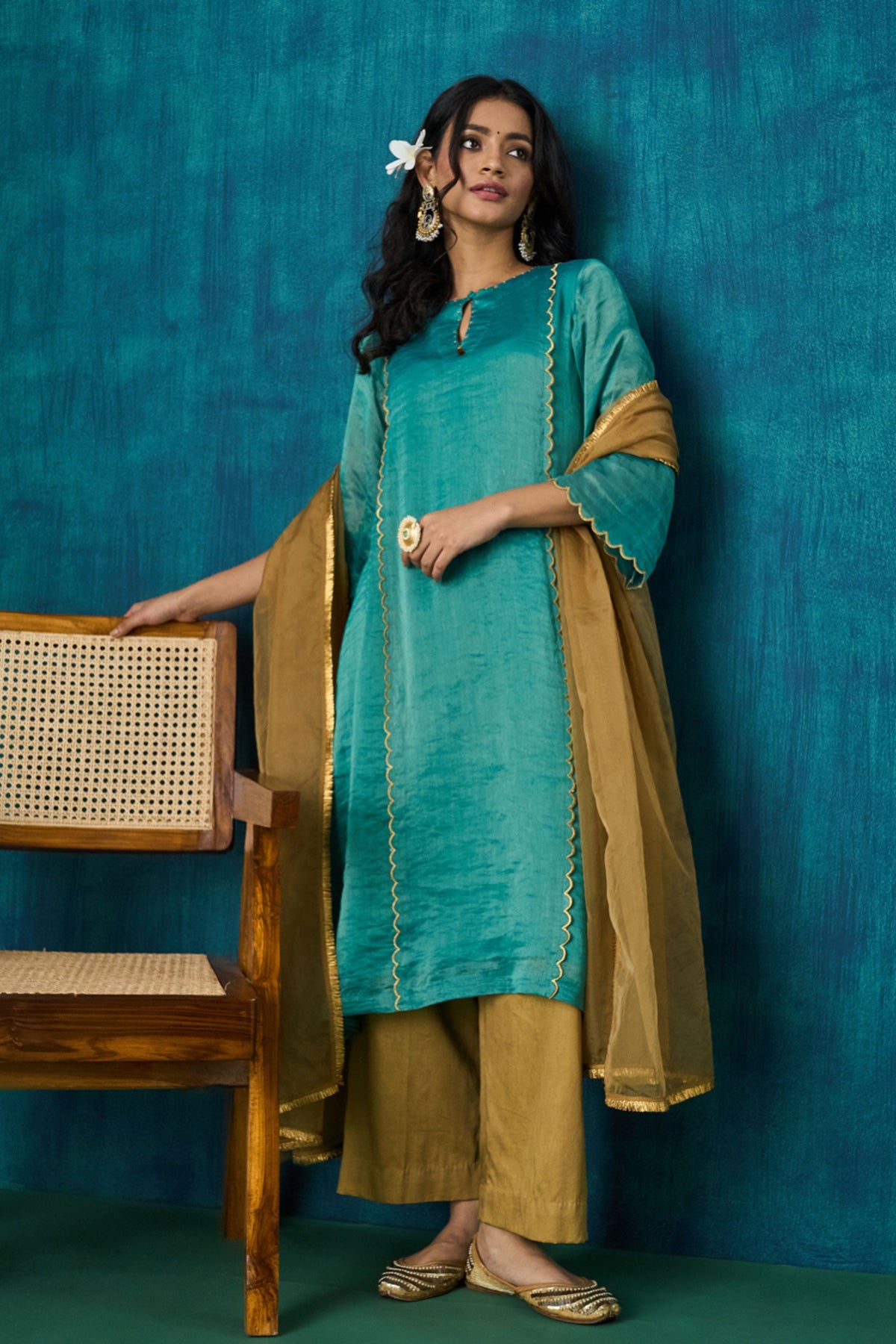 Teal Zari Stripe Kurta Sets