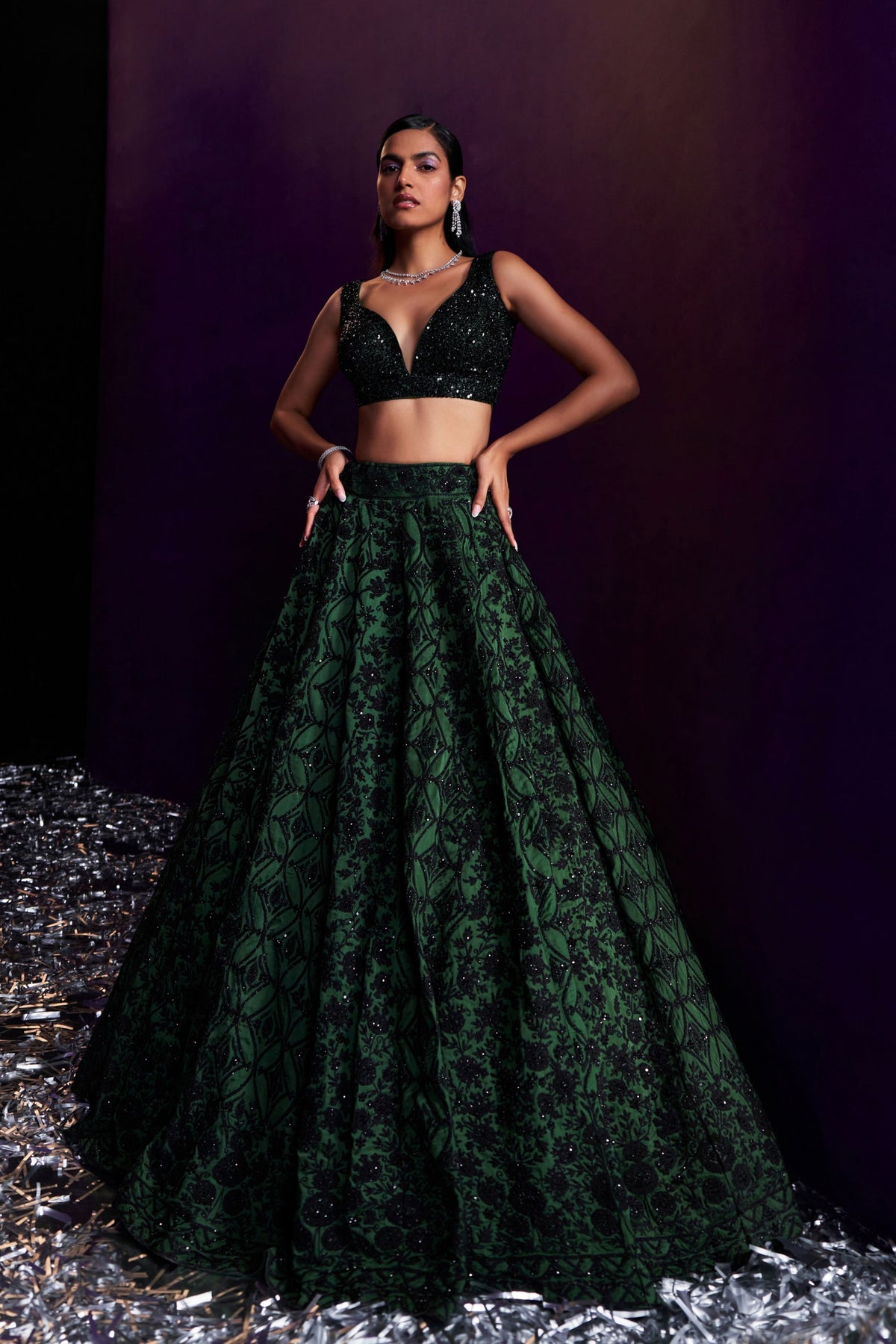 Green Black Dori Lehenga Set