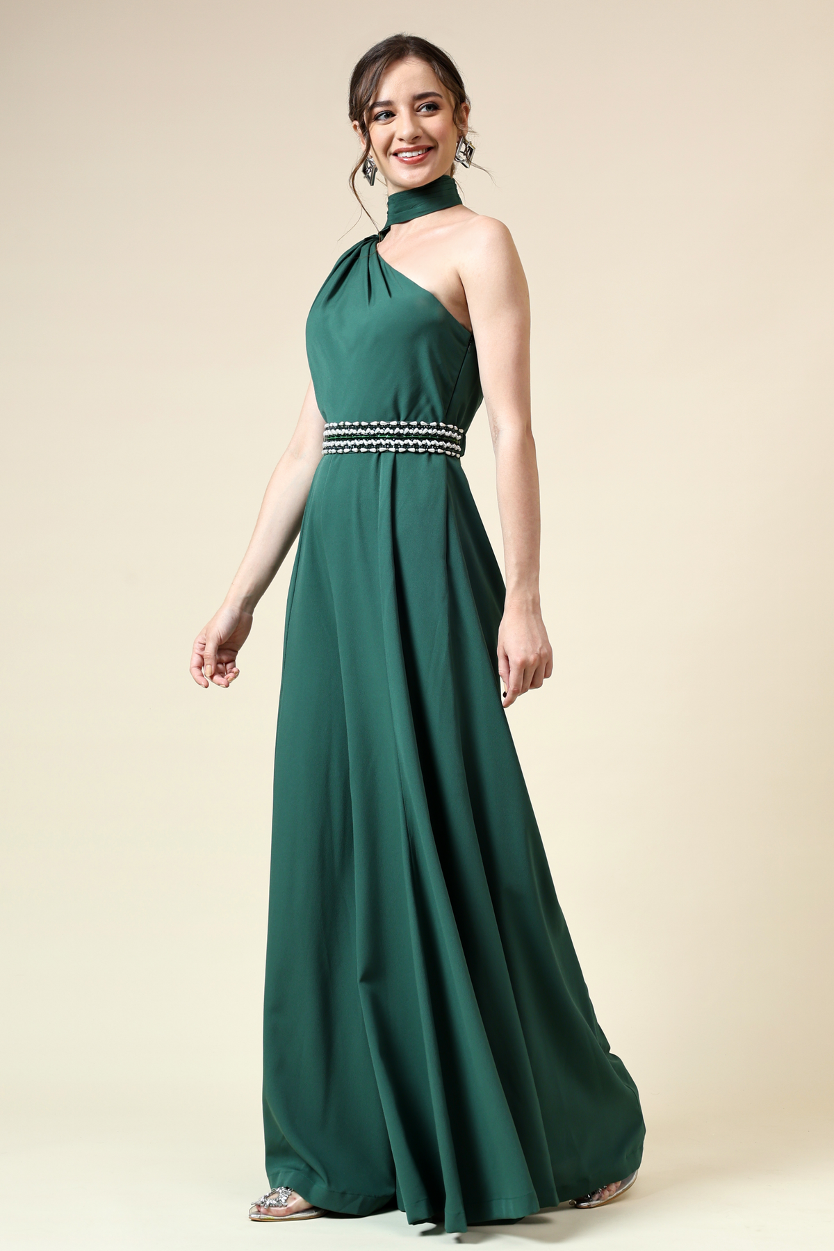 Bottle Green Draped Jumpsuit With Crystallised Belt