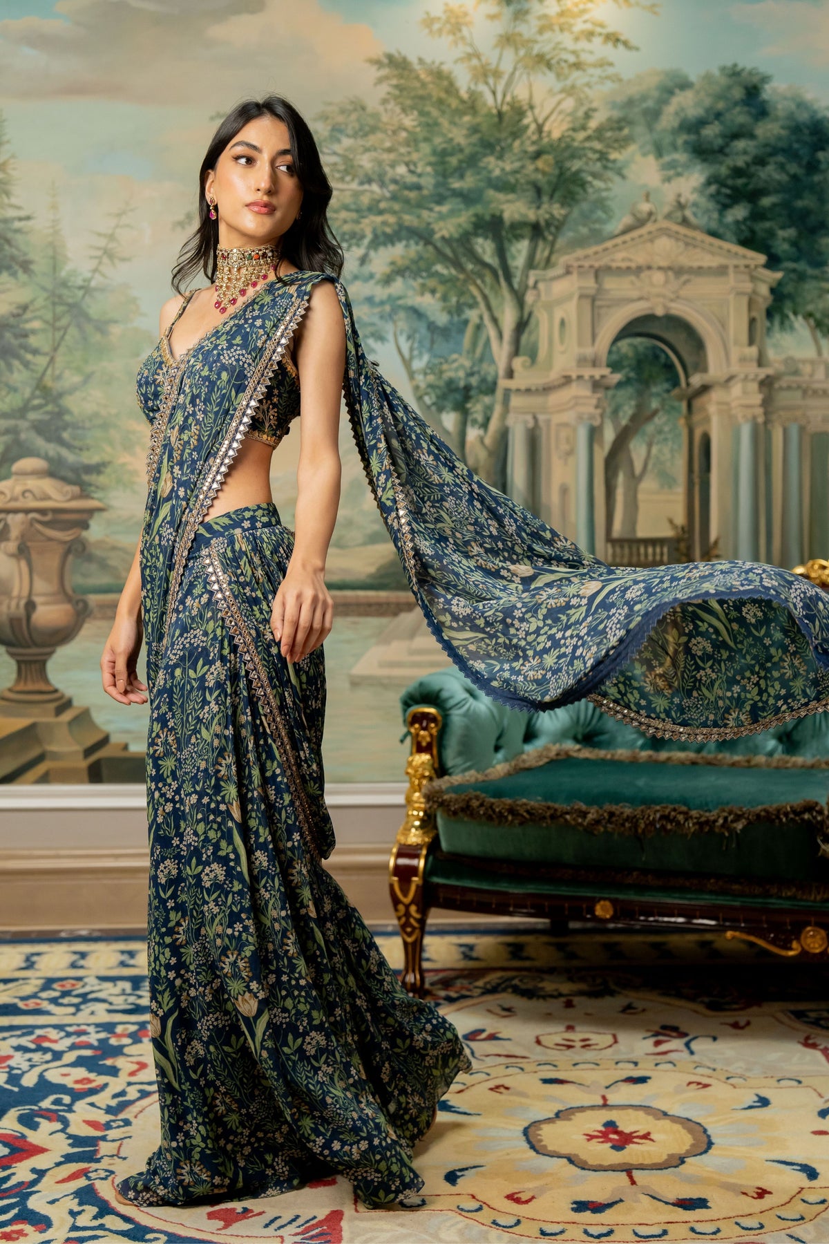 Navy Blue Printed Pre Stitch Saree Set