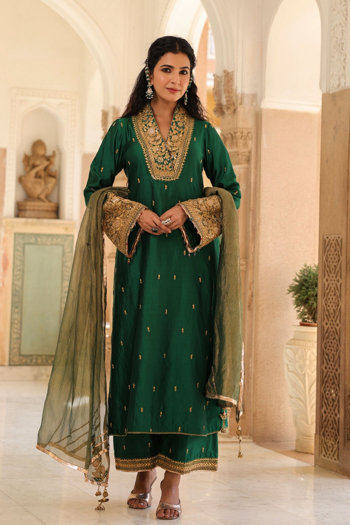 Emerald Green Collar Kurta Set