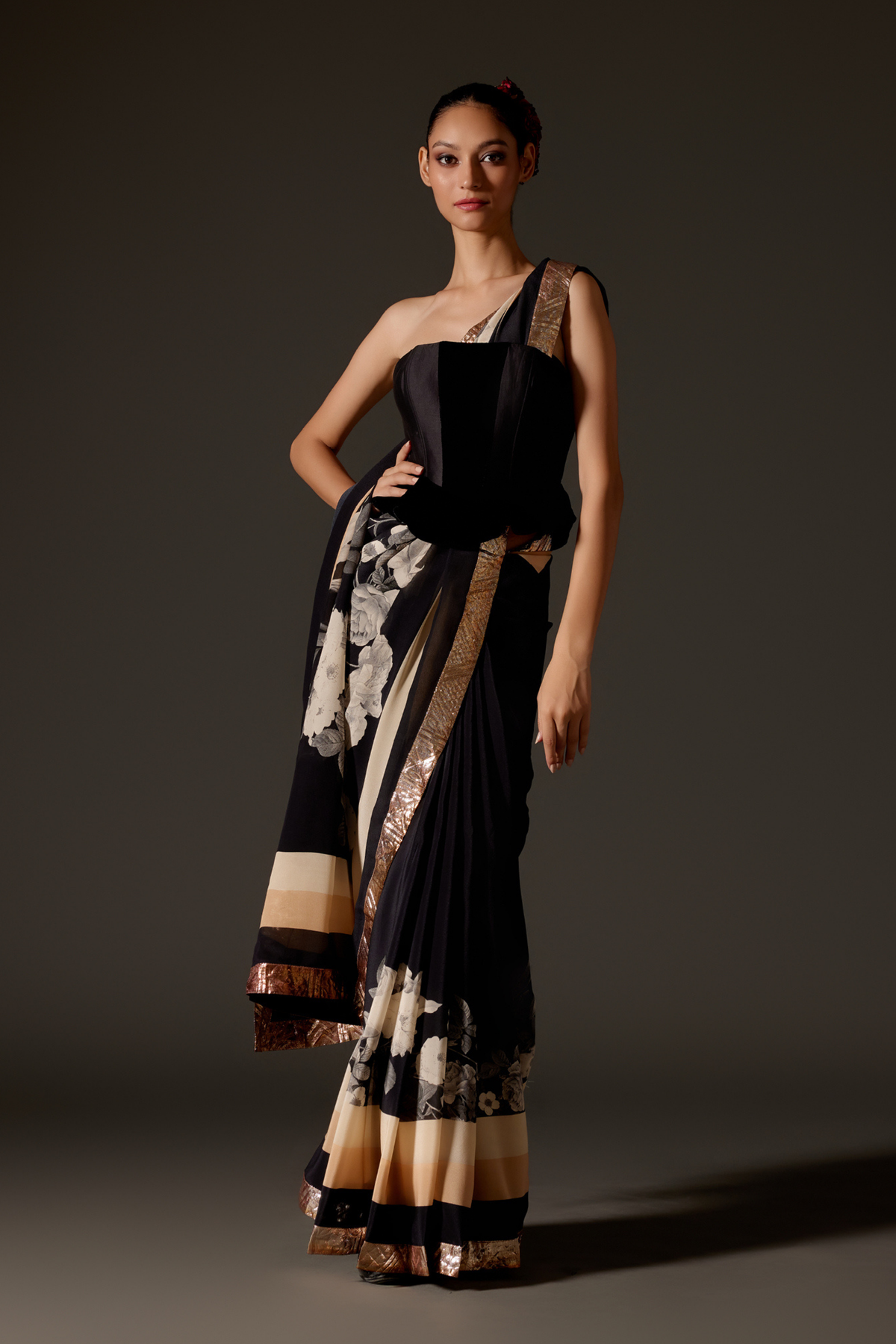 Black &amp; Ivory Crepe Saree