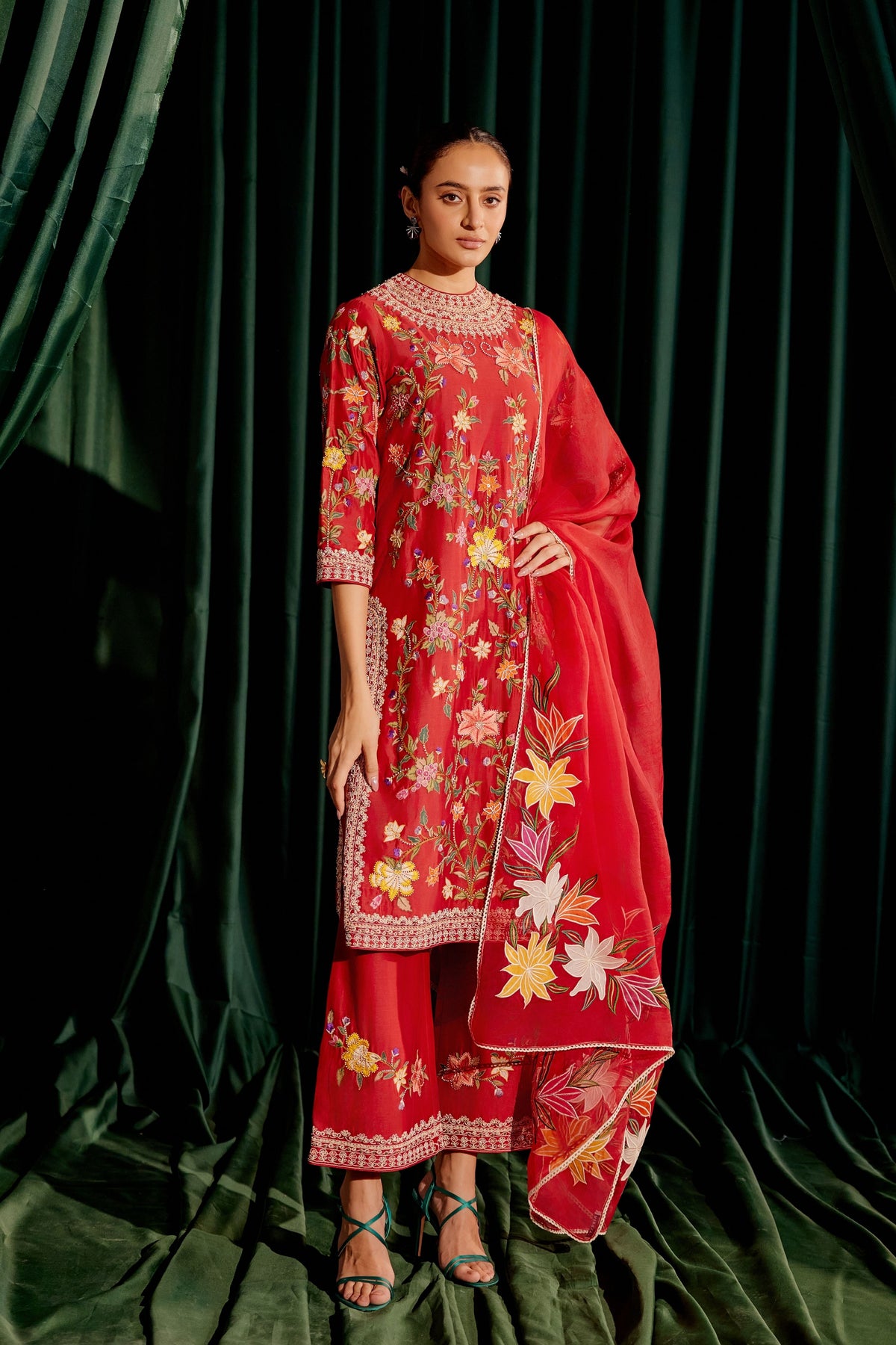 Red Multicolor Floral Embroidered Kurta Set