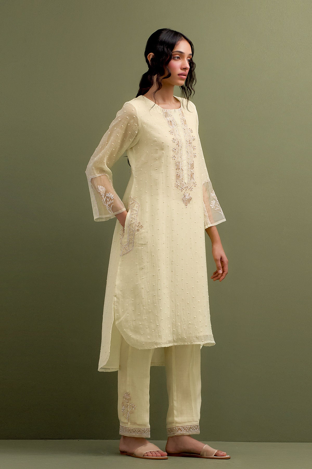 Yellow Embroidered High Low Kurta Set With Dupatta