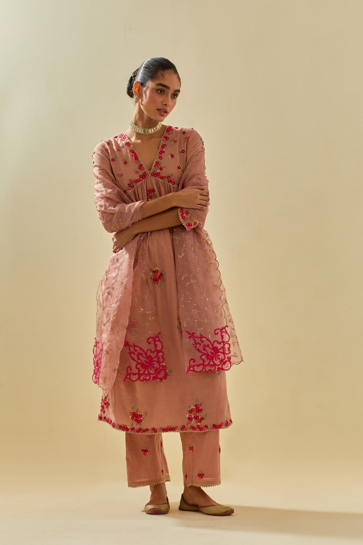 Pink V Neck Kurta Set