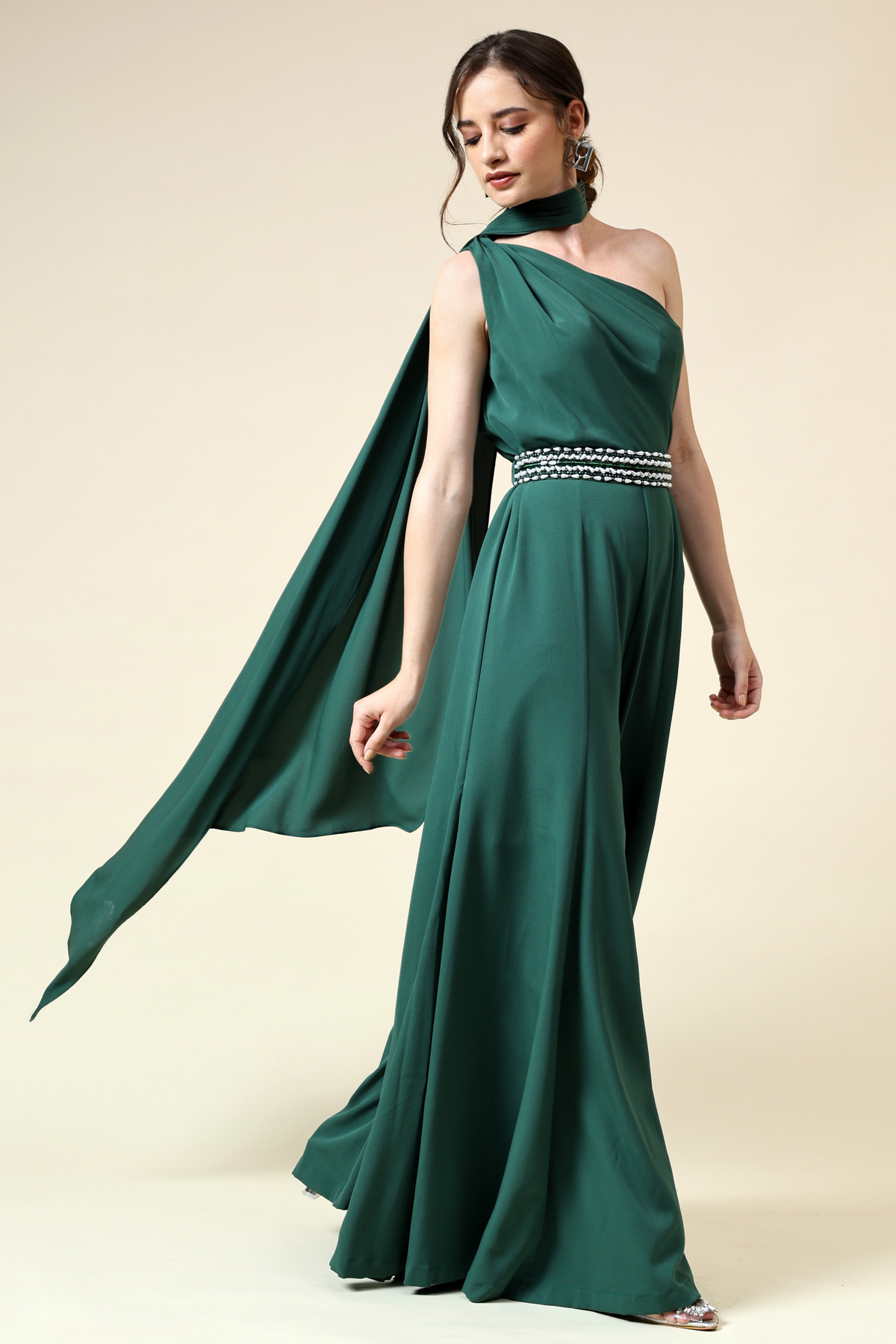 Bottle Green Draped Jumpsuit With Crystallised Belt