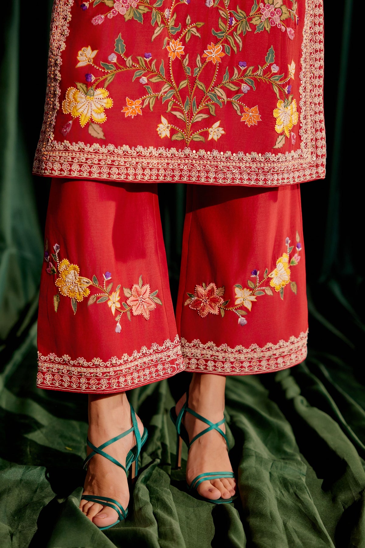 Red Multicolor Floral Embroidered Kurta Set