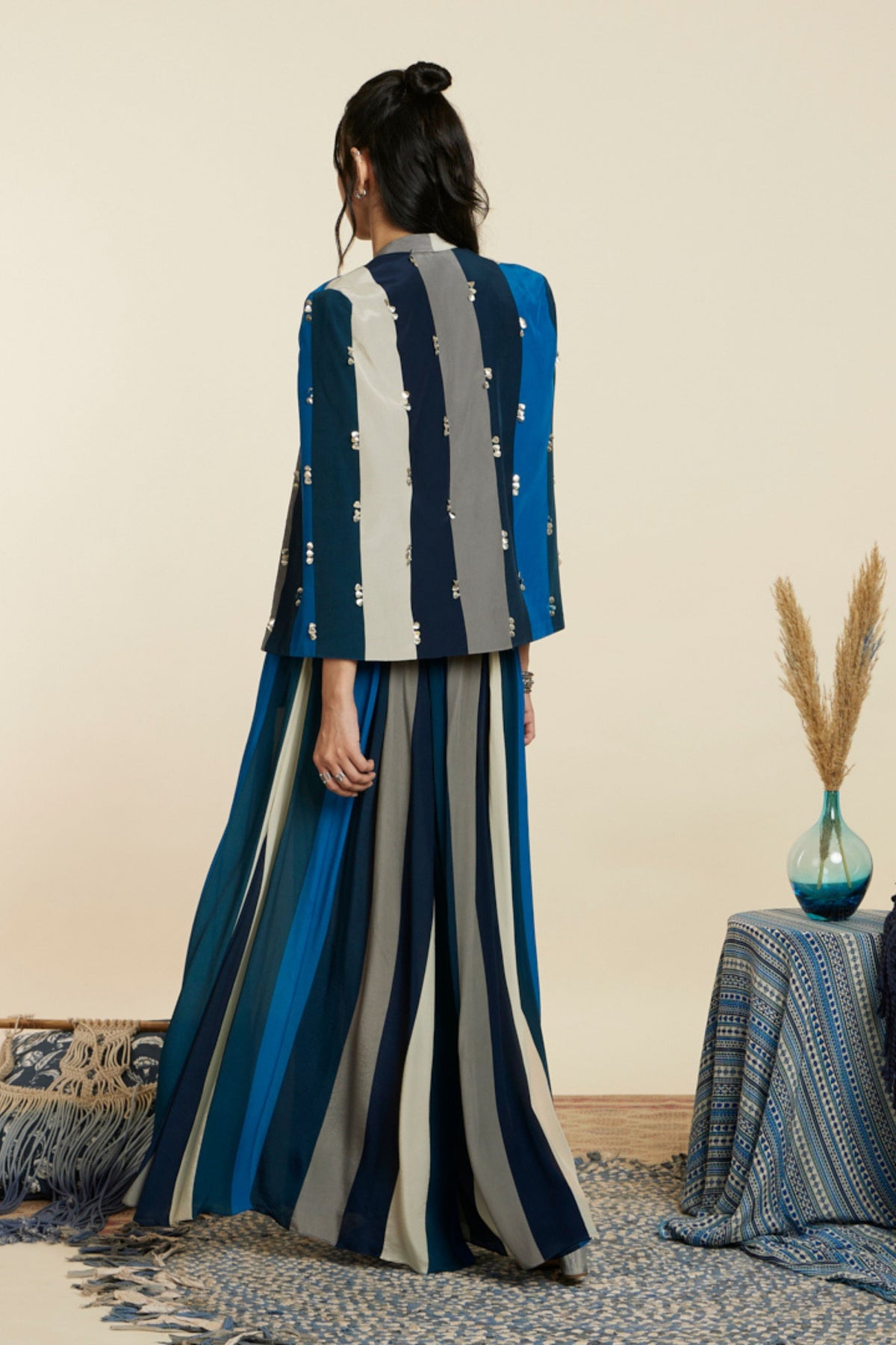 Blue Stripe Print Noor Jacket Set