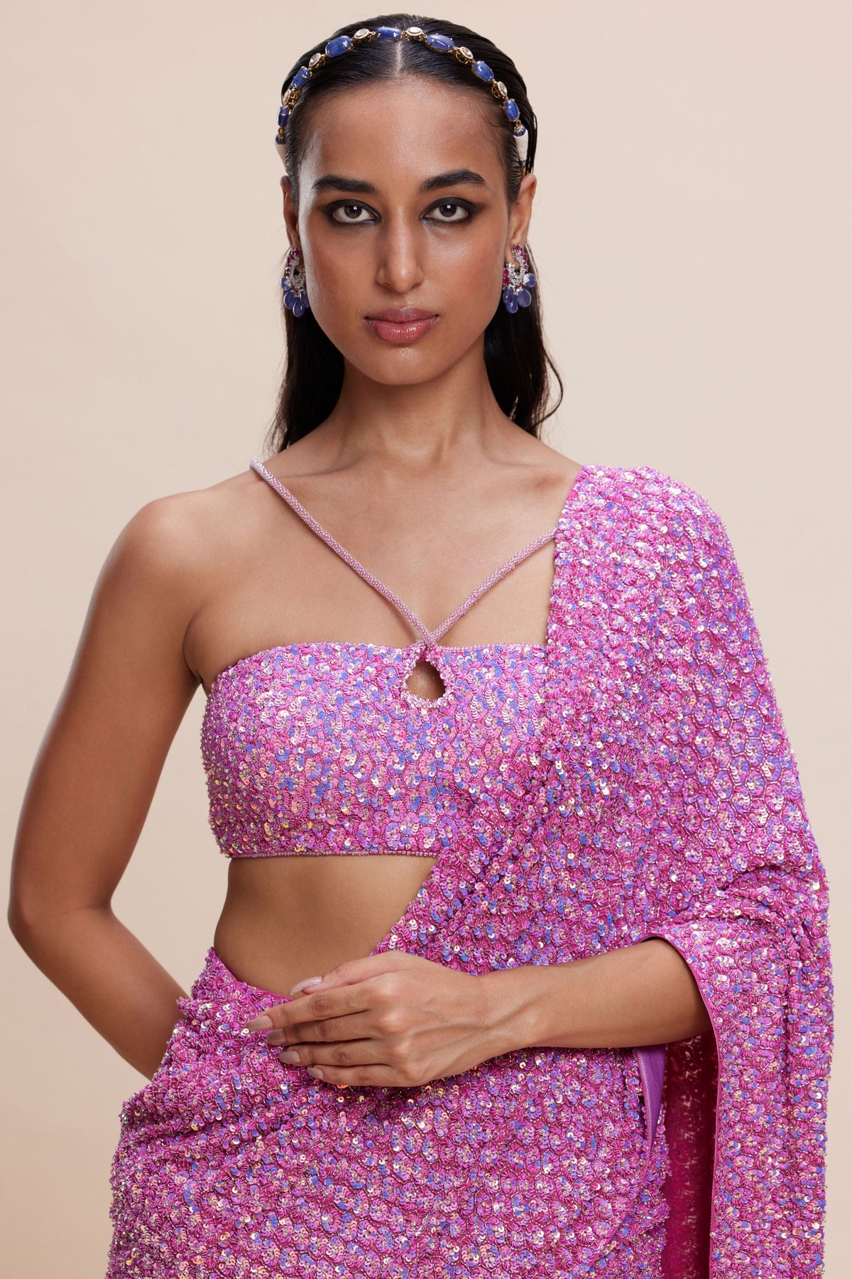 Pink Embellished Draped Saree Set